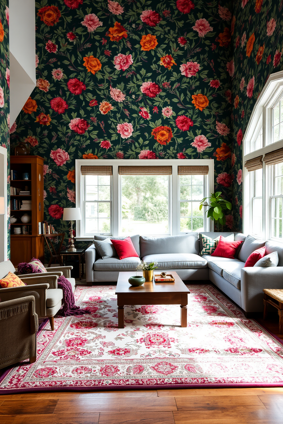 A cozy family room featuring a statement wall adorned with vibrant floral wallpaper. The room includes a plush sectional sofa in a soft gray fabric, complemented by colorful throw pillows and a large area rug that ties the space together. Natural light streams in through oversized windows, illuminating a wooden coffee table at the center of the room. On one side, a built-in bookshelf showcases an array of books and decorative items, adding personality to the space.