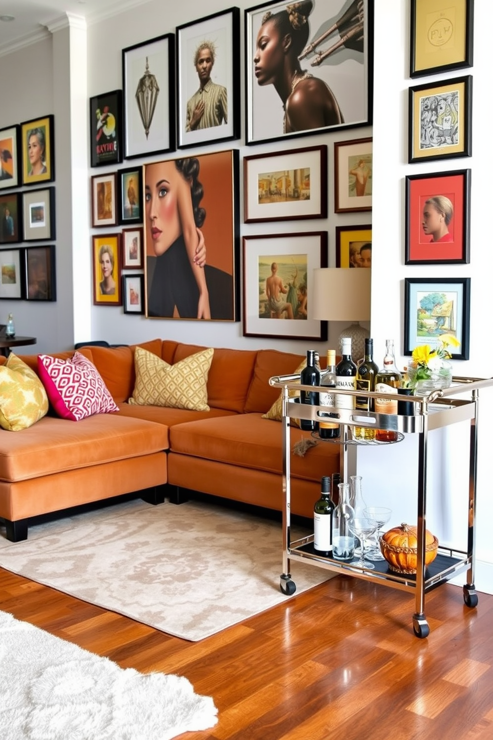 A stylish family room featuring a plush sectional sofa in a warm neutral tone, complemented by colorful accent pillows. A sleek bar cart with a polished metal finish is positioned nearby, stocked with a variety of spirits and glassware for entertaining guests. The walls are adorned with a gallery of framed artwork, creating a vibrant focal point. Rich wooden flooring adds warmth, while a soft area rug anchors the seating area, providing comfort and style.