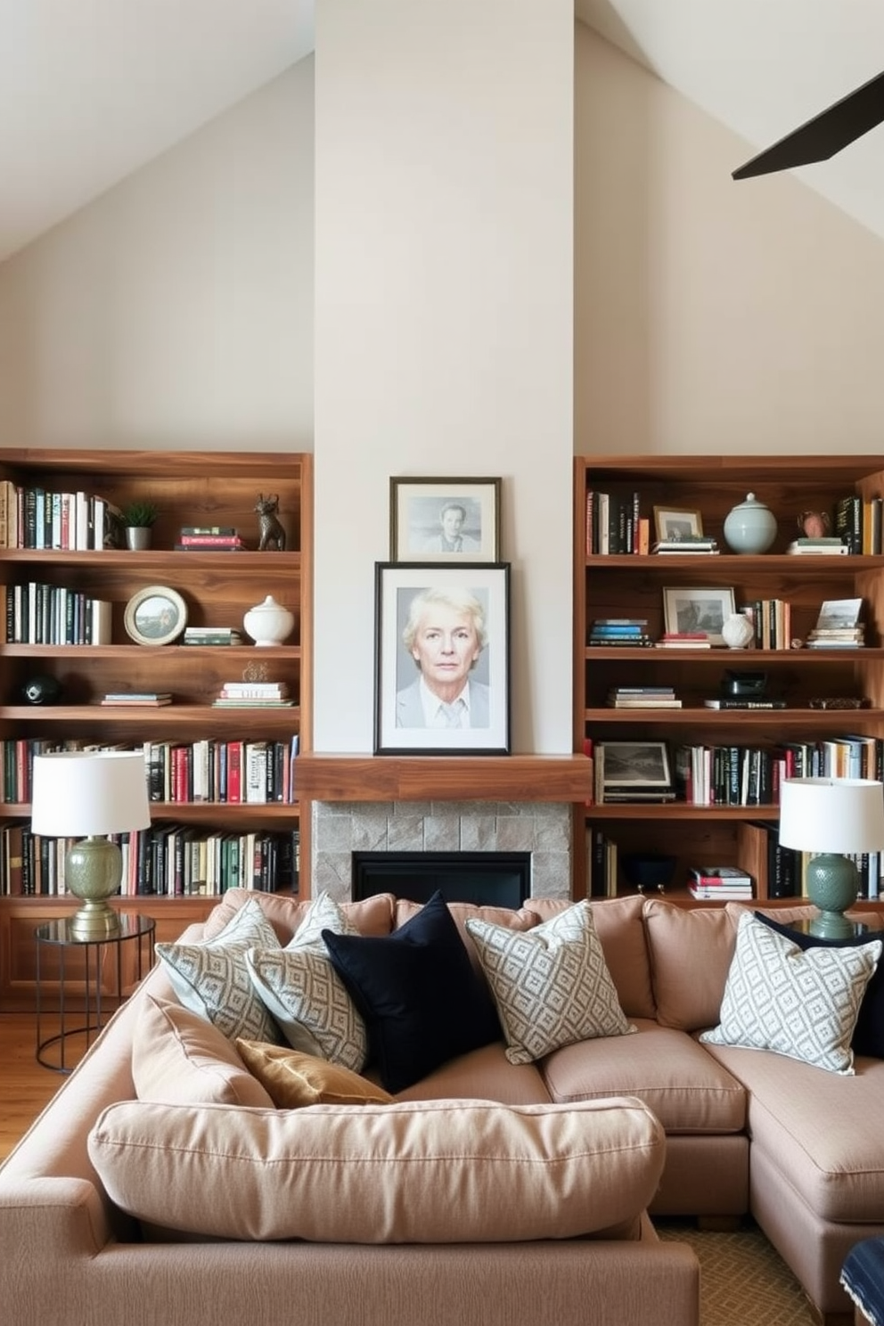 A cozy family room features open shelving that showcases an array of books and decorative items. The shelves are made of reclaimed wood, adding warmth to the space, while a plush sectional sofa invites relaxation.