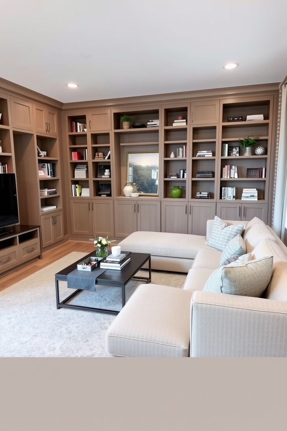 A cozy family room featuring stylish storage solutions to reduce clutter. Built-in shelves with a mix of open and closed cabinetry line the walls, displaying books and decorative items while keeping everyday essentials neatly tucked away. A large sectional sofa in a neutral fabric faces a modern coffee table, creating a welcoming seating area. Soft throw pillows and a textured blanket add warmth, while a sleek media console provides additional storage for electronics and games.