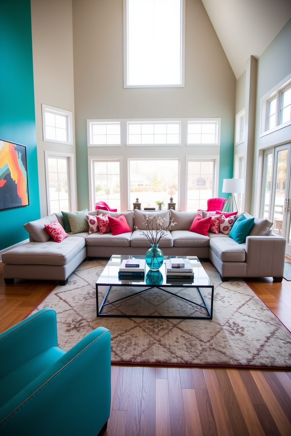 A gallery wall featuring an eclectic mix of family photos and vibrant artwork. The arrangement includes various frame sizes and styles, creating a dynamic visual impact. The family room is designed with a cozy sectional sofa in a neutral tone, accented by colorful throw pillows. A large coffee table sits in the center, surrounded by a plush area rug that adds warmth to the space.