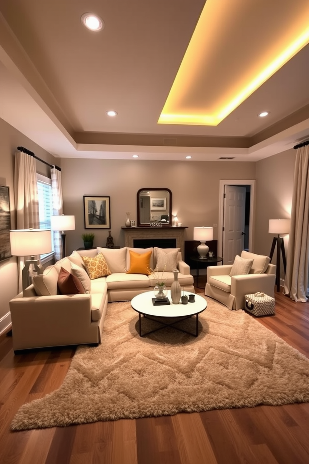 A cozy family room filled with warm lighting from stylish floor and table lamps. The space features a plush sectional sofa in a neutral tone, complemented by colorful throw pillows and a soft area rug beneath a rustic coffee table.