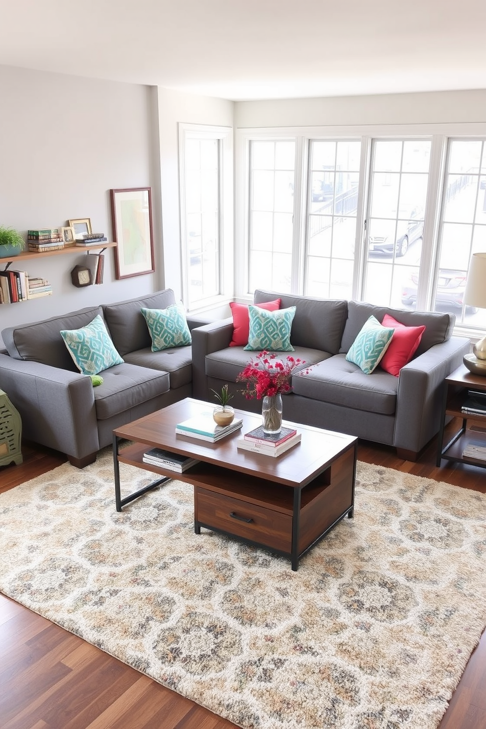 A cozy family room featuring a versatile sofa that converts into a bed. The space includes a stylish coffee table with hidden storage and a wall-mounted shelf for books and decor. Bright throw pillows add color to the neutral-toned furniture, while a soft area rug defines the seating area. Large windows allow natural light to flood the room, creating an inviting atmosphere.