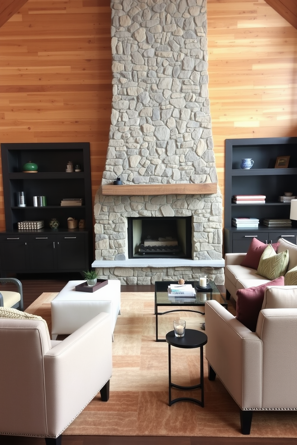 A cozy family room featuring a rustic stone fireplace as the focal point. Surrounding the fireplace are modern seating options, including a plush sectional sofa and sleek accent chairs in neutral tones. The walls are adorned with warm wood paneling, enhancing the rustic charm of the space. A large area rug with earthy colors anchors the seating arrangement, while decorative throw pillows add a pop of color.