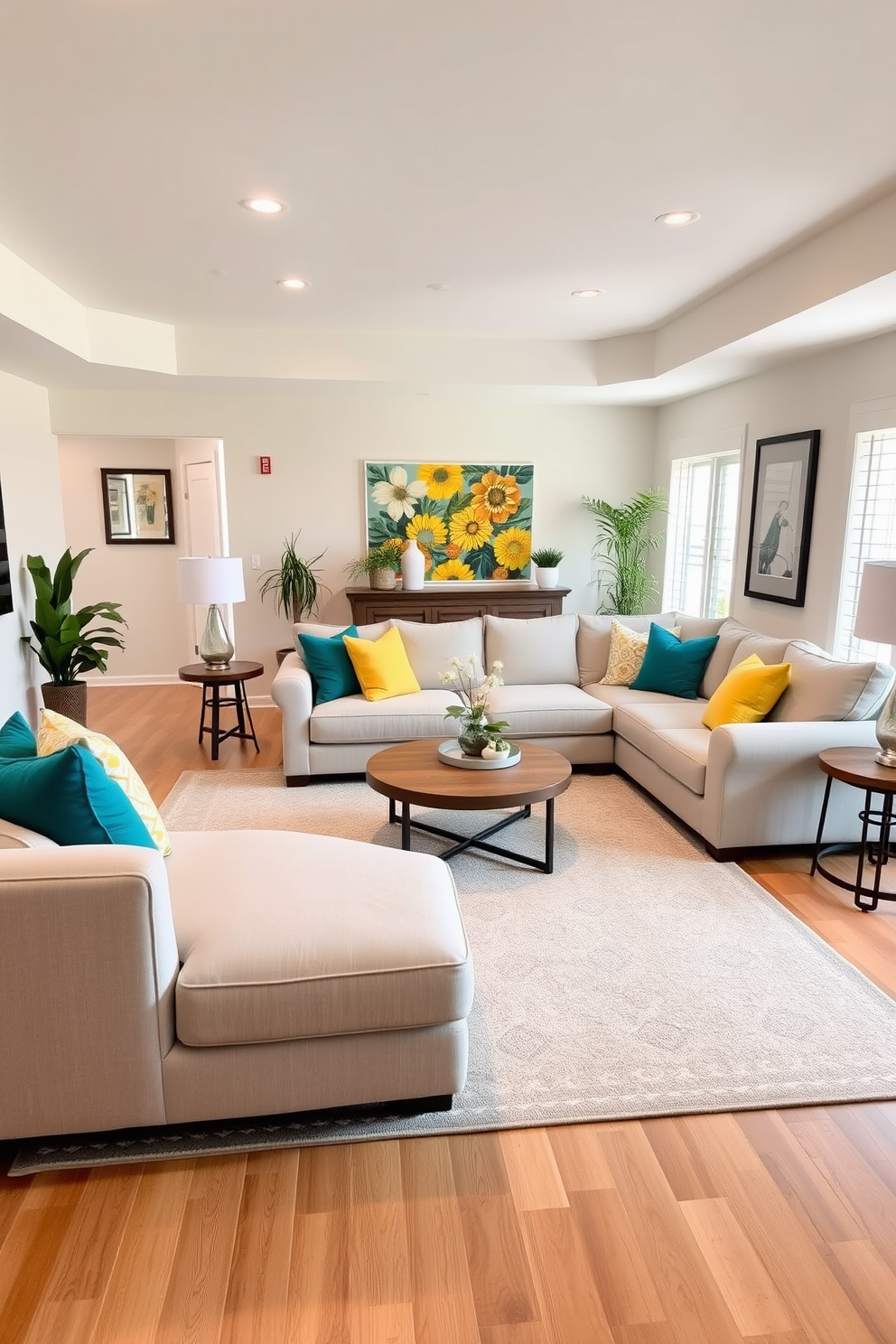 A spacious family room featuring a neutral palette with soft beige walls and a light gray sectional sofa. Colorful accents come from vibrant throw pillows in shades of teal and mustard, adding a lively touch to the space. A large area rug with a subtle geometric pattern anchors the room, while a wooden coffee table sits at the center. Bright artwork adorns the walls, and a few potted plants bring a refreshing green element into the design.