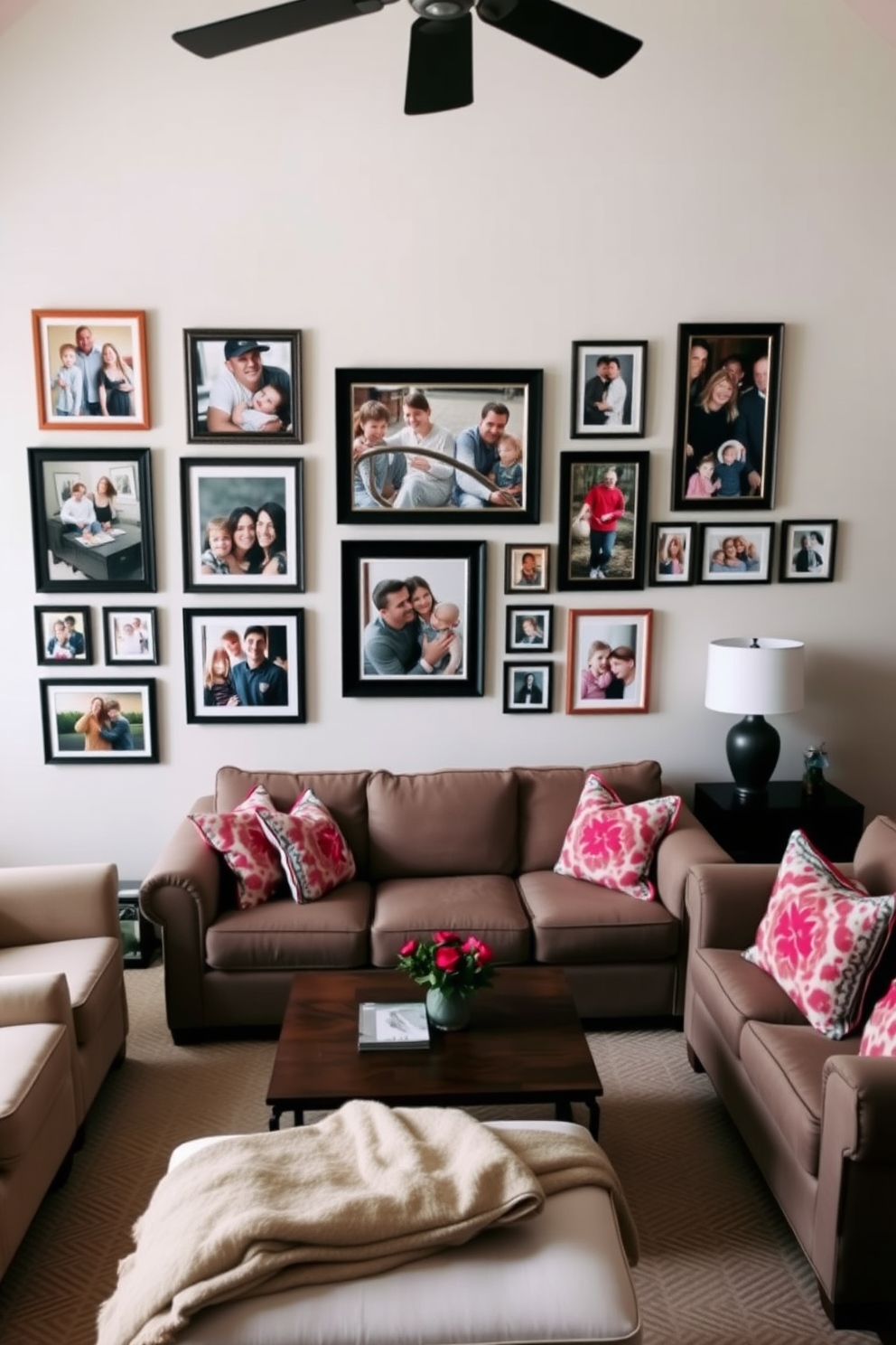 A gallery wall showcasing an array of family photos in various frames creates a warm and inviting atmosphere. The wall is painted in a soft neutral tone to enhance the visual impact of the colorful memories displayed. The family room is designed with comfortable seating, including a plush sectional sofa and oversized armchairs. A stylish coffee table sits at the center, surrounded by vibrant accent pillows and a cozy throw blanket for added warmth and texture.