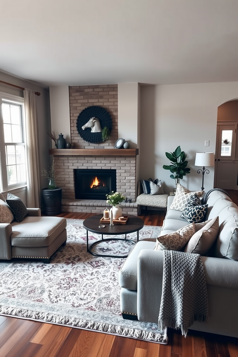 A cozy family room features a spacious sectional sofa upholstered in a soft gray fabric, positioned around a modern fireplace. The walls are adorned with warm wood paneling, and a plush area rug anchors the seating area, creating an inviting atmosphere.