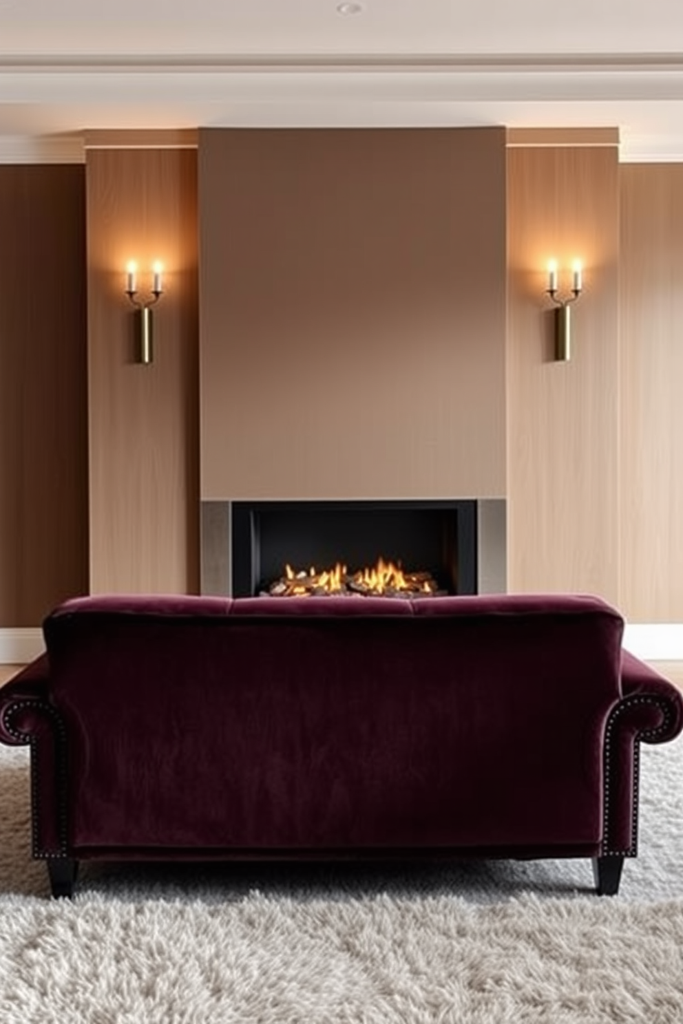 A luxurious velvet sofa in a rich jewel tone is positioned elegantly facing a modern fireplace with a sleek design. Soft ambient lighting from stylish sconces enhances the cozy atmosphere, while a plush area rug anchors the seating arrangement.