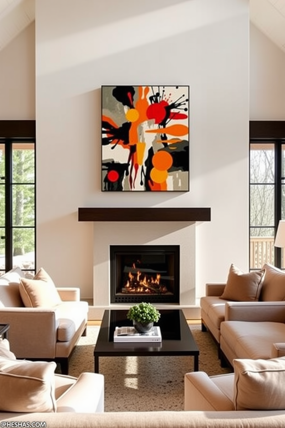 An elegant fireplace serves as the focal point of the family room, featuring exquisite marble details that enhance the luxurious ambiance. Flanking the fireplace, built-in bookshelves display curated art pieces and books, while a plush sectional sofa invites relaxation in the inviting space.