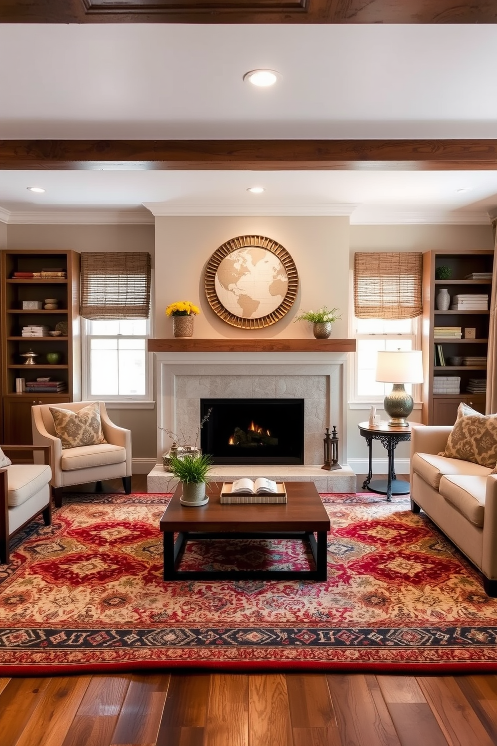 A cozy family room featuring layered rugs that add warmth and comfort to the space. The design includes a central fireplace surrounded by comfortable seating and a mix of textures for an inviting atmosphere.