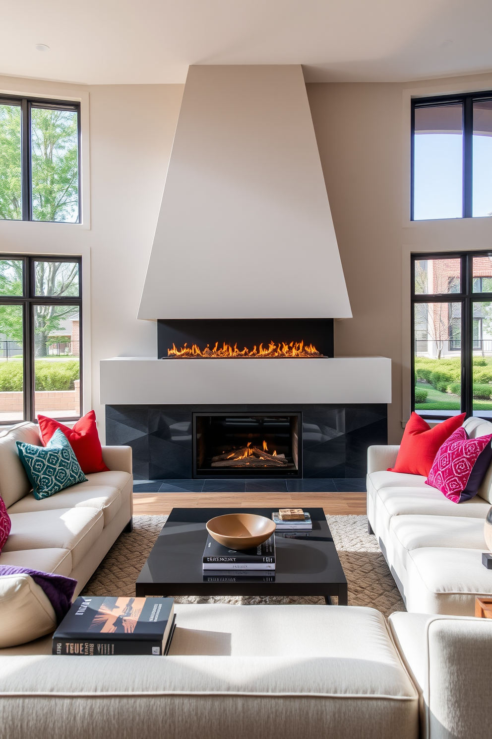 A contemporary fireplace with a striking geometric design serves as the focal point of the family room. Surrounding the fireplace, the seating area features a plush sectional sofa in neutral tones paired with vibrant accent pillows. Natural light floods the space through large windows, highlighting the sleek lines of the furniture and the warm textures of the decor. A modern coffee table sits in front of the sofa, adorned with stylish books and a decorative bowl, creating an inviting atmosphere.