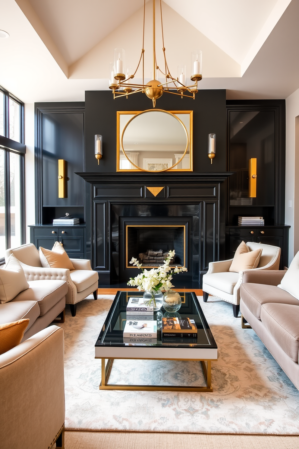 A cozy family room featuring a modern fireplace set against a vibrant accent wall painted in deep blue. Plush seating options in neutral tones surround a stylish coffee table, creating an inviting space for relaxation and conversation.