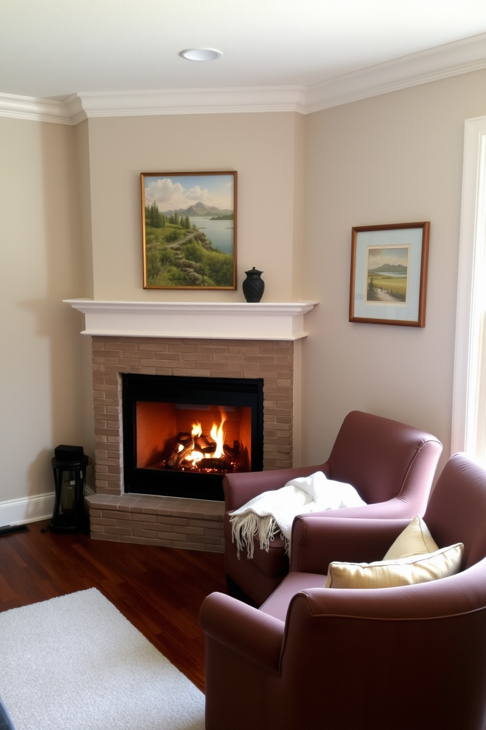 A corner fireplace serves as the focal point of a cozy family room. Surrounding the fireplace, a comfortable seating nook features plush armchairs and a soft throw blanket, inviting relaxation and warmth.