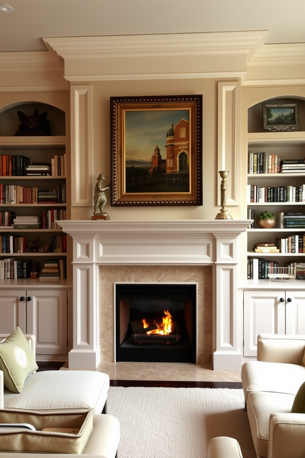 A cozy family room features a stunning fireplace as the focal point, surrounded by elegant built-in bookshelves filled with an array of books and decorative items. The walls are painted in a warm neutral tone, complemented by plush seating arranged to encourage conversation and relaxation.