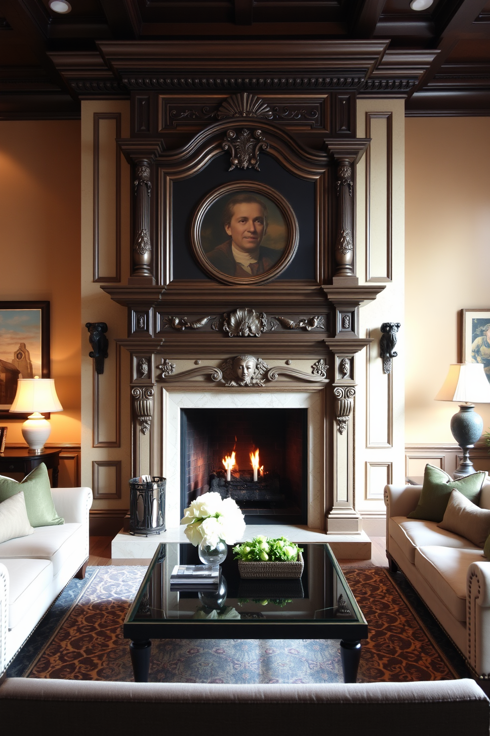 A traditional fireplace with an ornate mantel serves as the focal point of the family room. The surrounding walls are adorned with rich wood paneling, and a plush area rug anchors the seating arrangement. Elegant armchairs and a comfortable sofa are positioned around the fireplace, creating an inviting atmosphere. Soft lighting from table lamps enhances the cozy ambiance, while decorative shelves display curated books and family photos.