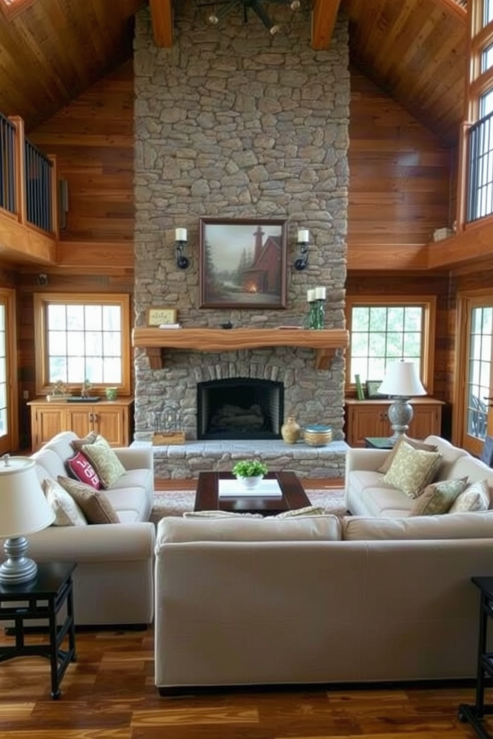 A cozy family room featuring warm wood tones throughout. A large stone fireplace serves as the focal point, with comfortable seating arranged around it to create an inviting atmosphere.