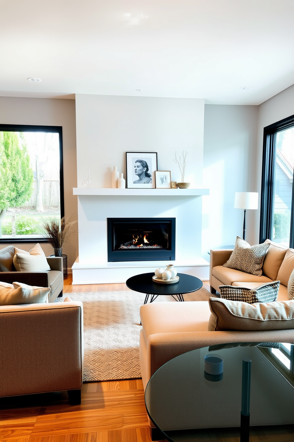 A minimalist fireplace serves as the focal point in a cozy family room. The sleek decor includes a simple mantel adorned with a few carefully selected decorative items, creating a serene and uncluttered atmosphere. The seating arrangement features a plush sectional sofa in neutral tones, complemented by a textured area rug. Large windows allow natural light to flood the space, enhancing the warmth and inviting ambiance of the room.