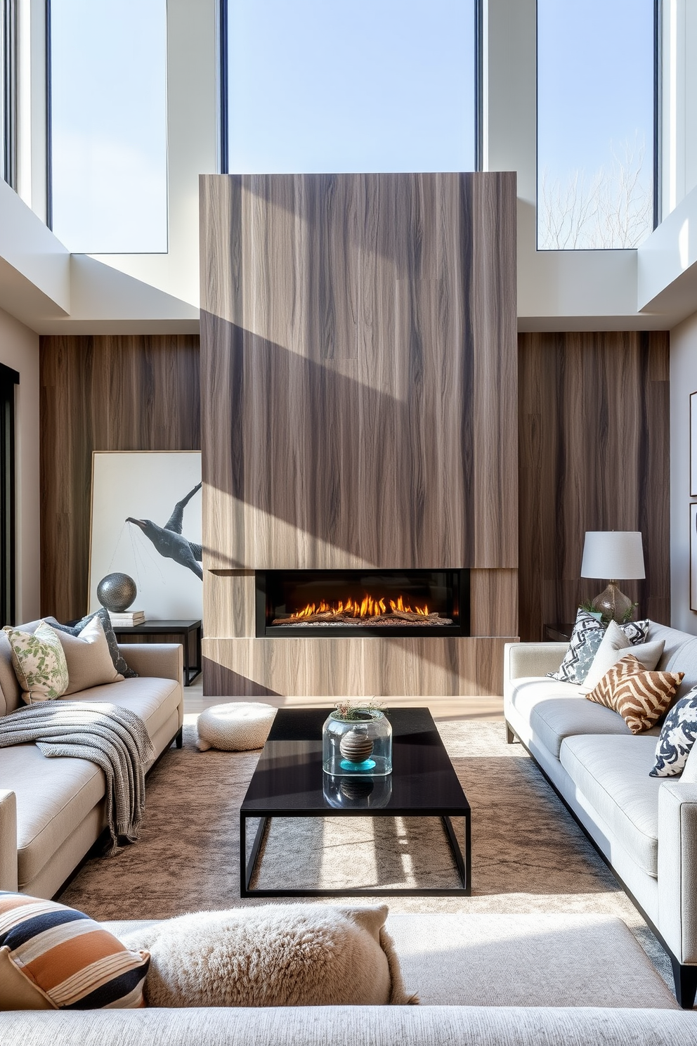 A modern linear fireplace serves as the focal point of the family room, seamlessly integrated into a feature wall of textured wood panels. Surrounding the fireplace, plush sectional seating in neutral tones invites relaxation, while a sleek coffee table adds a touch of sophistication. Natural light floods the space through large windows, highlighting the warm color palette of soft grays and earthy accents. Decor elements such as oversized artwork and decorative cushions enhance the contemporary aesthetic, creating a cozy yet stylish atmosphere.