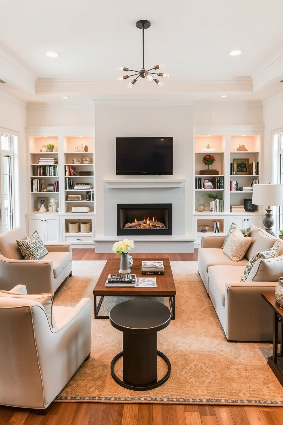 Industrial style fireplace with metal accents. The fireplace features a sleek black frame with exposed brick surrounding it, complemented by a rustic wooden mantel. The family room includes a large sectional sofa in a deep gray fabric, paired with a reclaimed wood coffee table. Large windows allow natural light to flood the space, highlighting the metal light fixtures hanging from the ceiling.