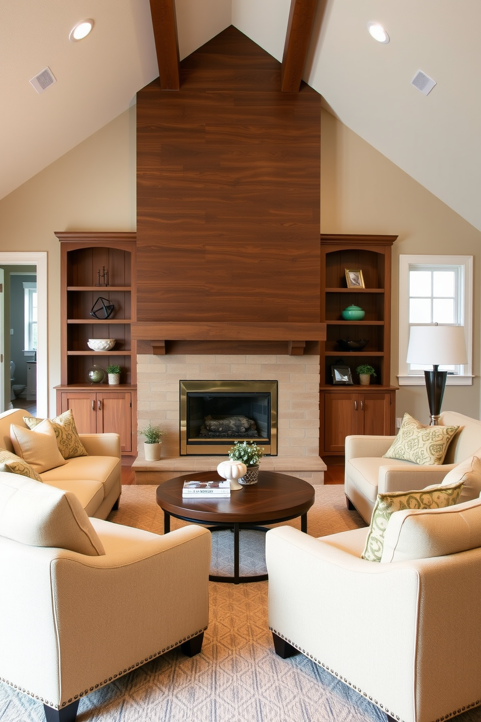 A cozy family room featuring a modern fireplace as the focal point. Built-in seating surrounds the fireplace, adorned with plush cushions in warm tones. The walls are painted in a soft beige, complemented by wooden accents. A large area rug anchors the space, while a coffee table sits at the center, adorned with decorative books and a candle.