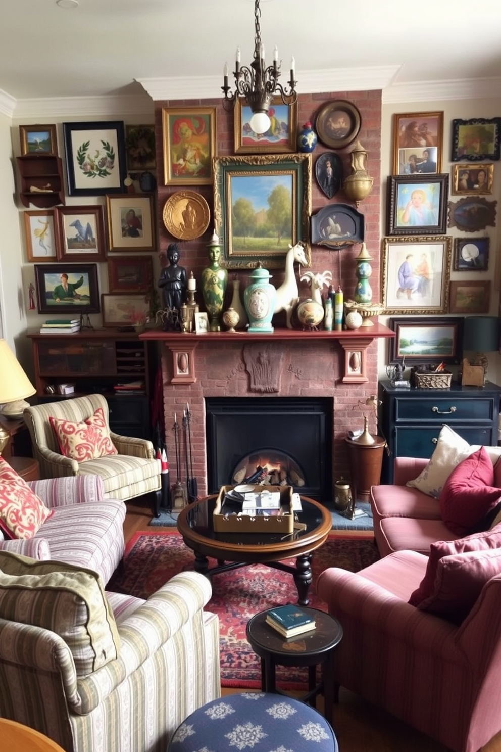 A cozy family room with eclectic decor surrounding a central fireplace. The fireplace is framed by an assortment of colorful artwork and unique decorative items, creating a warm and inviting atmosphere. Plush seating in various patterns and textures is arranged around the fireplace, encouraging conversation and relaxation. A mix of vintage and contemporary furniture pieces adds character and charm to the space.