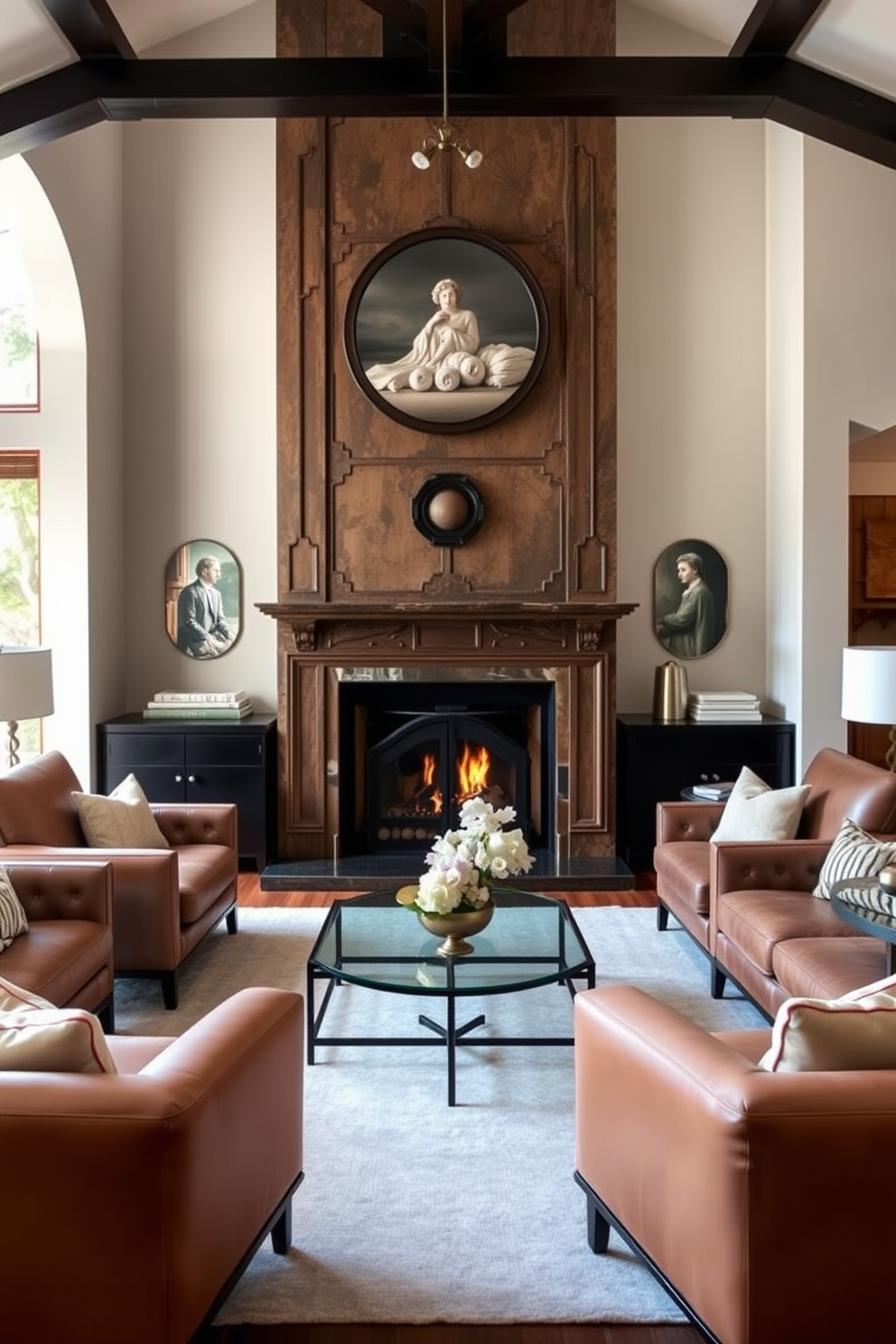 A vintage fireplace serves as the focal point of the family room, surrounded by sleek modern furnishings that create a harmonious blend of old and new. Plush seating in neutral tones is arranged to invite conversation, while a stylish coffee table sits at the center, enhancing the room's inviting atmosphere.