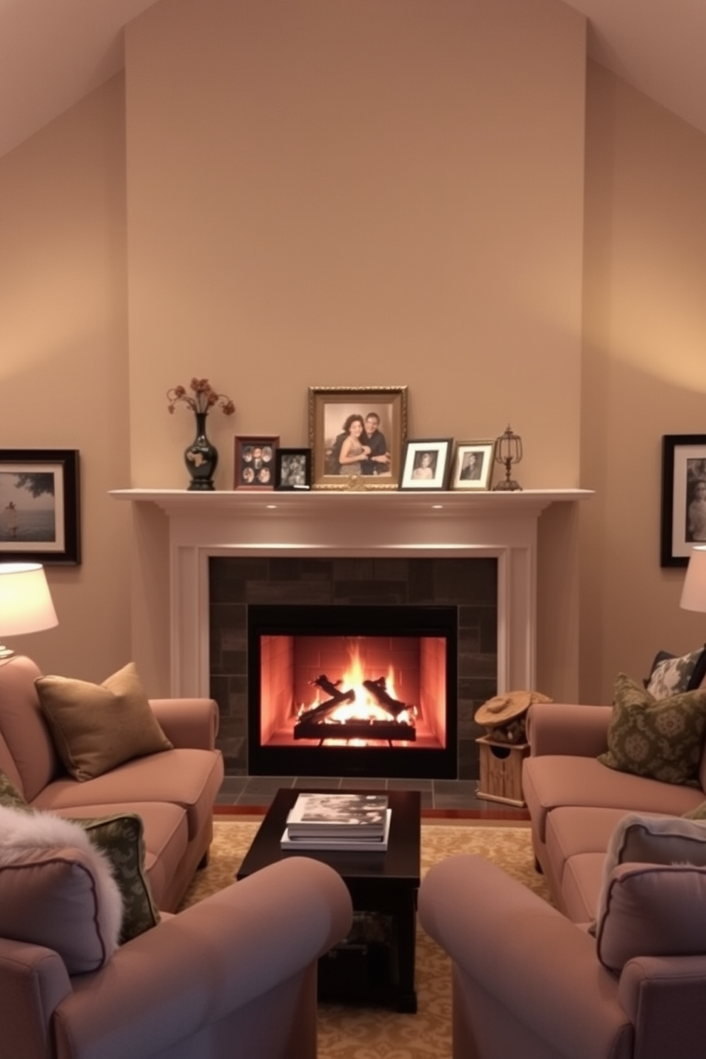 A cozy family room featuring a warm fireplace as the focal point. Soft lighting illuminates the mantel, highlighting decorative accents and family photos. The walls are painted in a soft beige, creating a welcoming atmosphere. Plush seating arrangements with comfortable sofas and armchairs invite relaxation and conversation.