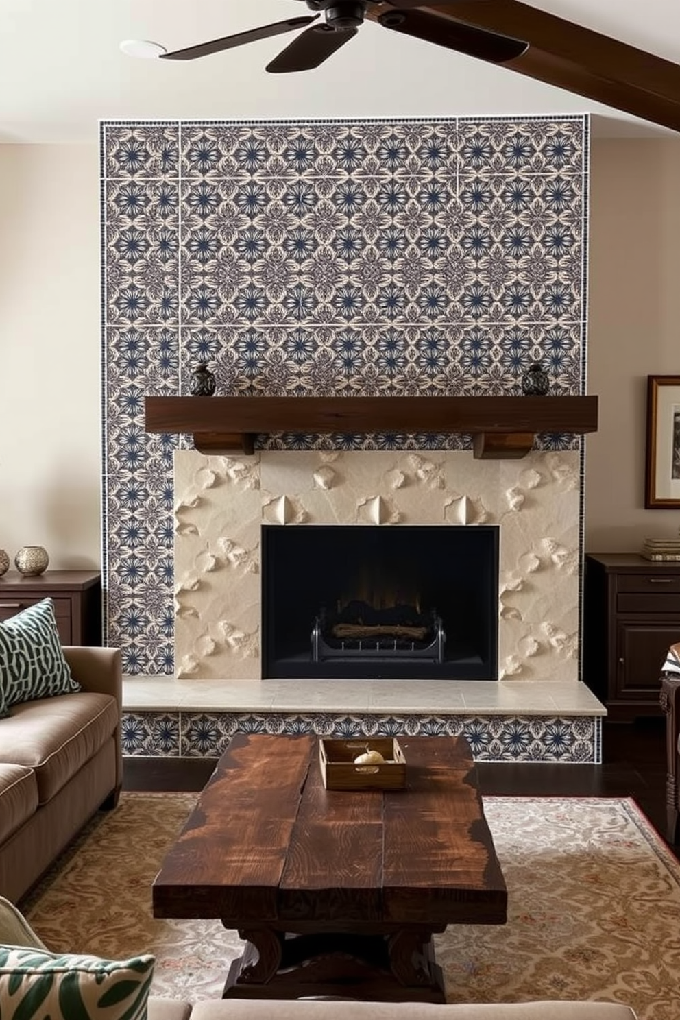 A cozy family room features a stunning fireplace surrounded by intricate patterned tiles that add a touch of elegance. The room is furnished with a plush sectional sofa and a rustic coffee table, creating a warm and inviting atmosphere for gatherings.