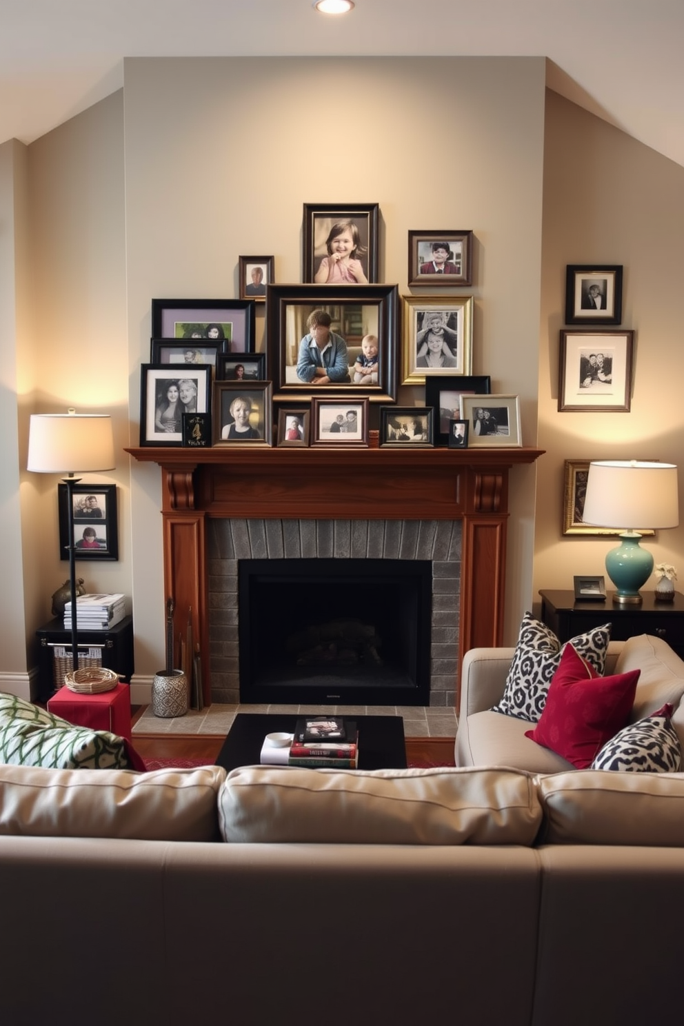 Eclectic decor surrounds a central fireplace in a cozy family room. Colorful artwork and unique sculptures adorn the walls, while an array of patterned throw pillows and blankets invite comfort on the plush seating.