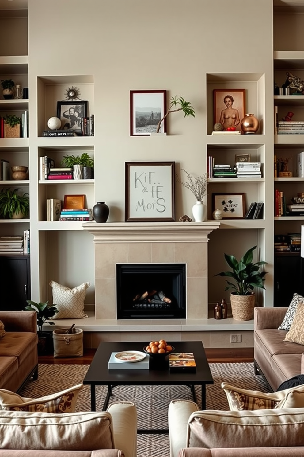 A cozy family room featuring open shelving for decorative items. The shelves are filled with an eclectic mix of books, plants, and art pieces, creating a warm and inviting atmosphere. In the center, a stylish fireplace serves as the focal point of the room. Surrounding the fireplace are comfortable seating options, complemented by soft textures and a neutral color palette.