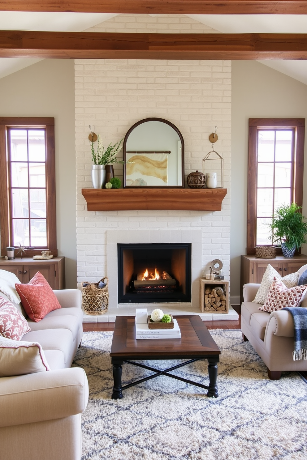 A cozy family room featuring a rustic wooden mantle above a warm fireplace. The room is adorned with plush seating arrangements, soft throw blankets, and a large area rug that adds texture and comfort.