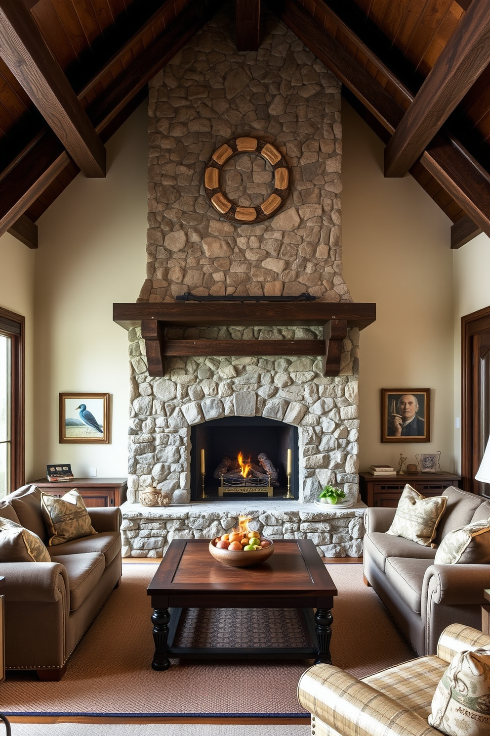 A cozy family room featuring a rustic stone fireplace as the focal point. The room is adorned with exposed wooden beams and comfortable seating arranged around the fireplace.