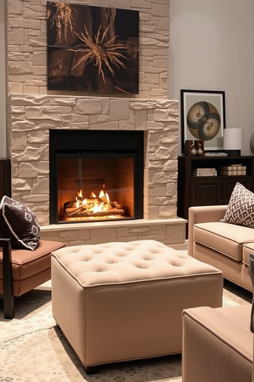 A cozy family room features a modern fireplace as the focal point, surrounded by elegant built-in shelves showcasing decorative items and books. Plush seating arrangements in soft neutral tones invite relaxation, while a stylish log storage unit adds a rustic touch beside the fireplace. Warm lighting fixtures create an inviting ambiance, illuminating the room's rich textures and layered textiles. A large area rug anchors the space, complementing the overall design with its subtle patterns and colors.