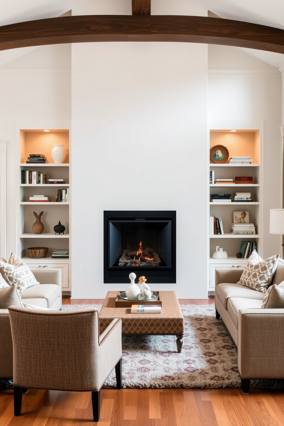 A modern fireplace serves as the focal point of the family room, featuring sleek lines and a minimalist design. Built-in shelving flanks the fireplace, showcasing a curated selection of books and decorative items, creating a warm and inviting atmosphere. The color palette is a blend of soft neutrals and rich textures, with a plush area rug anchoring the seating arrangement. Comfortable sofas and accent chairs are arranged to encourage conversation, all centered around the fireplace for a cozy gathering space.