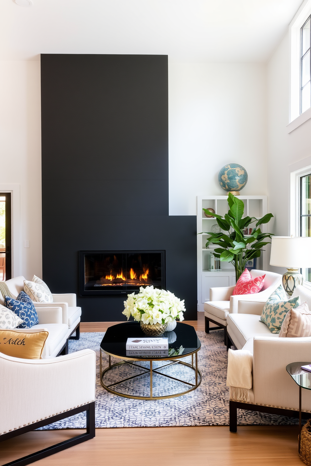 Classic brick fireplace with intricate antique decor. The fireplace is the focal point of the family room, surrounded by comfortable seating and warm lighting.