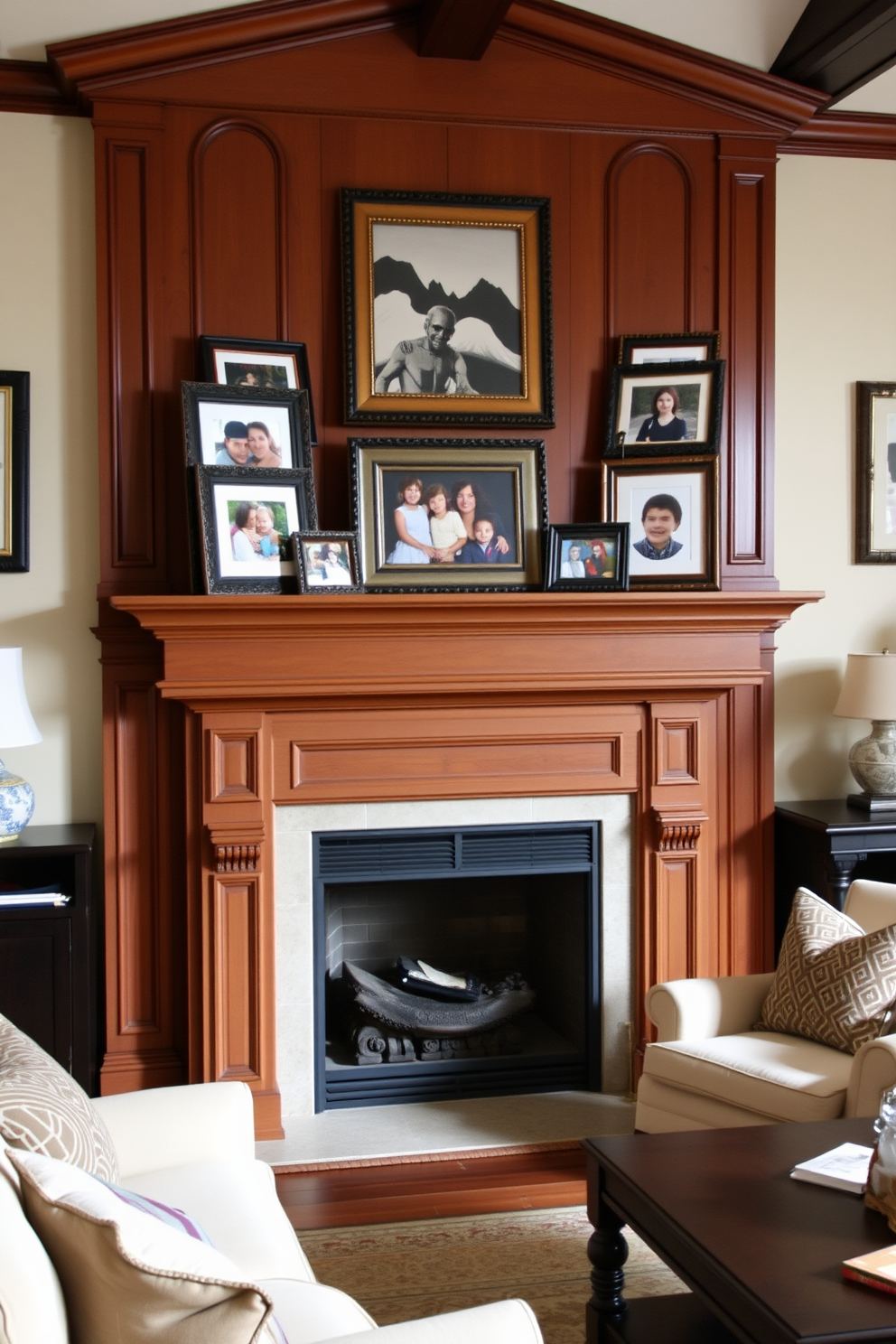 A traditional mantel is adorned with cherished family photos in elegant frames, creating a warm and inviting focal point in the room. The fireplace below features intricate woodwork and a classic design, complemented by a cozy arrangement of furniture that encourages family gatherings. The family room is designed with comfortable seating options, including a plush sofa and armchairs, arranged to foster conversation around the fireplace. Soft, neutral tones on the walls and rich textures in the furnishings create a harmonious and welcoming atmosphere.