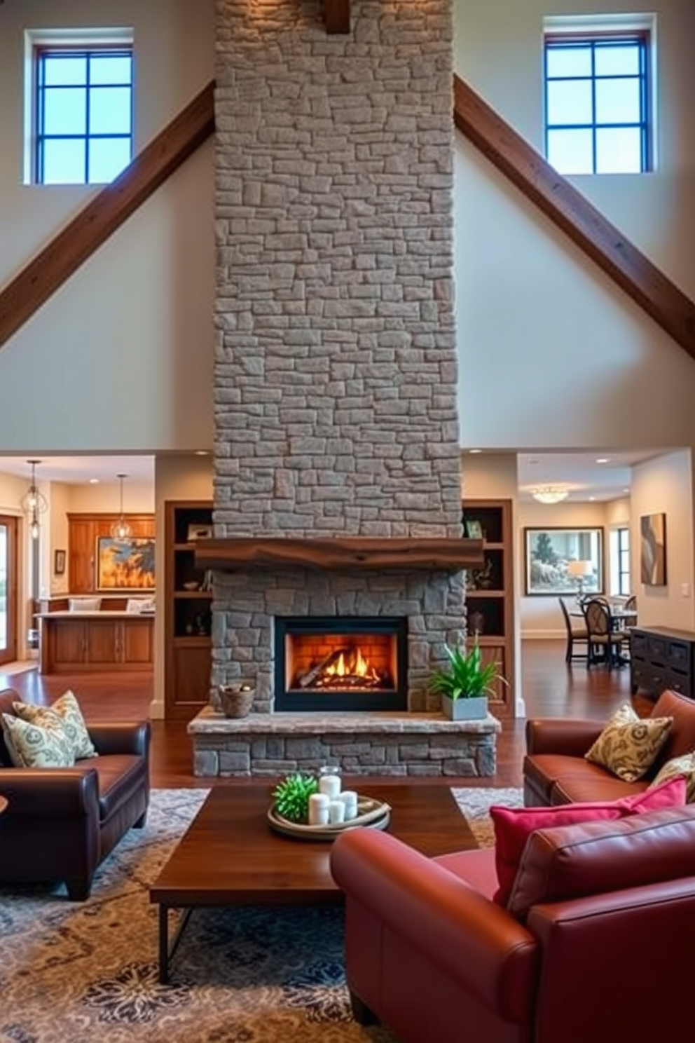 A cozy family room features a stunning fireplace with a reclaimed wood surround that adds warmth and character to the space. Plush seating arrangements invite relaxation, while soft lighting enhances the inviting atmosphere.