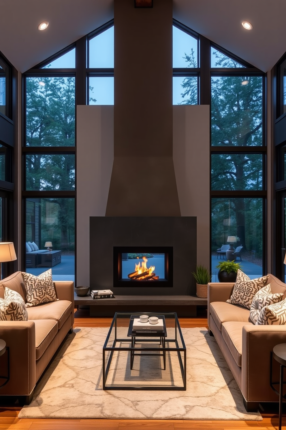 A cozy family room features a stunning fireplace as the focal point, flanked by large, floor-to-ceiling windows that invite natural light. The room is adorned with plush sofas and a stylish coffee table, creating an inviting atmosphere for relaxation and gatherings.