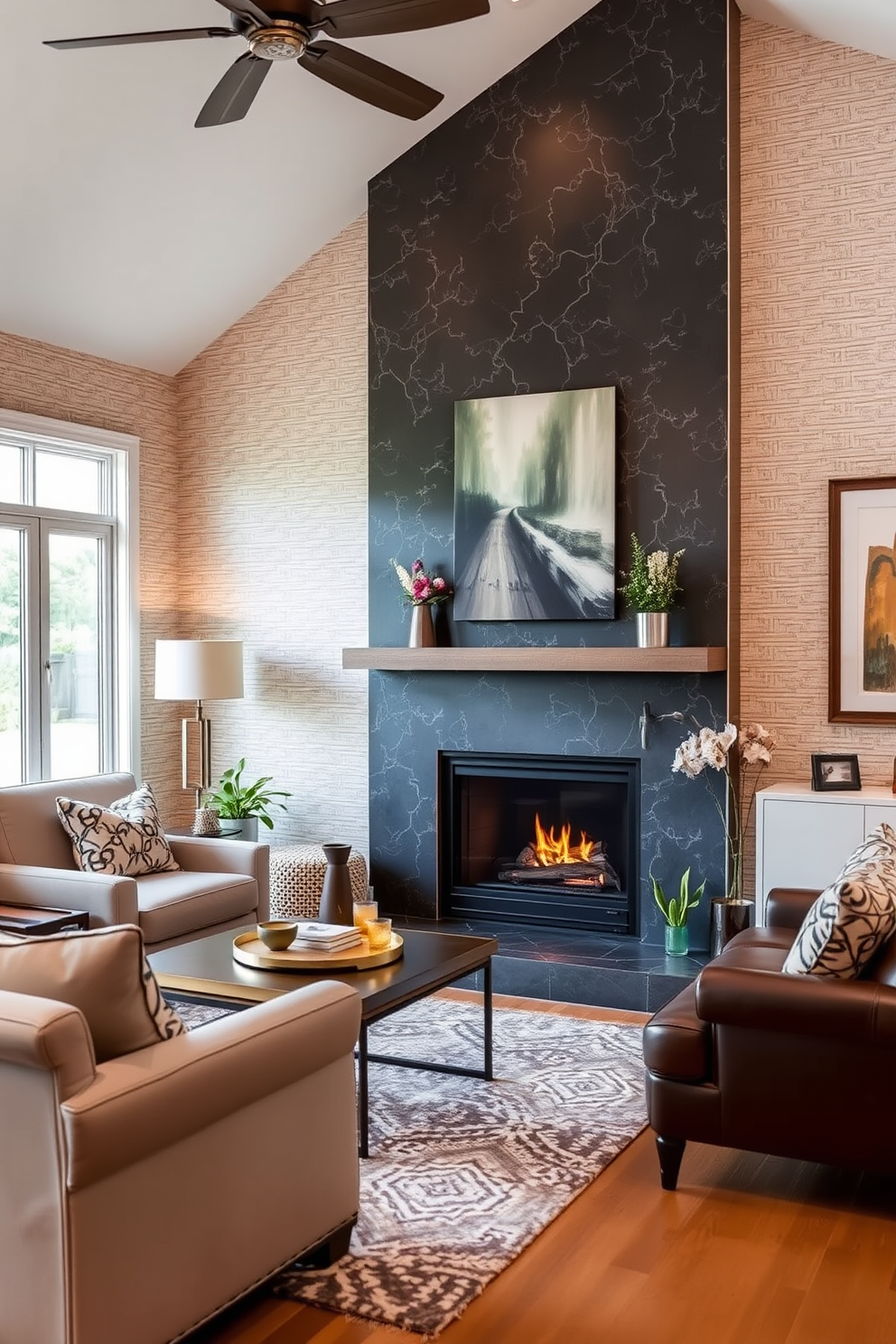 A cozy family room featuring a fireplace as the focal point. The walls are adorned with textured wallpaper that adds depth and warmth to the space.