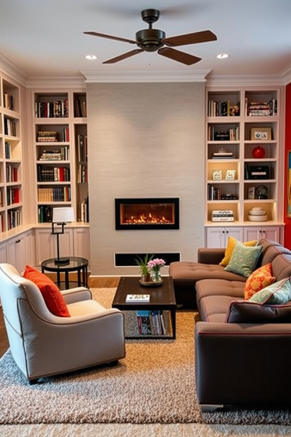 Cozy reading nook with built-in shelves. Soft lighting creates a warm ambiance while a plush armchair sits beside a small side table, inviting relaxation. Family room designed for comfort and style. A large sectional sofa faces a modern fireplace, complemented by colorful throw pillows and a stylish coffee table at the center. Playroom design ideas that inspire creativity. Brightly colored walls are adorned with playful artwork, and a soft rug provides a comfortable area for children to play and explore.