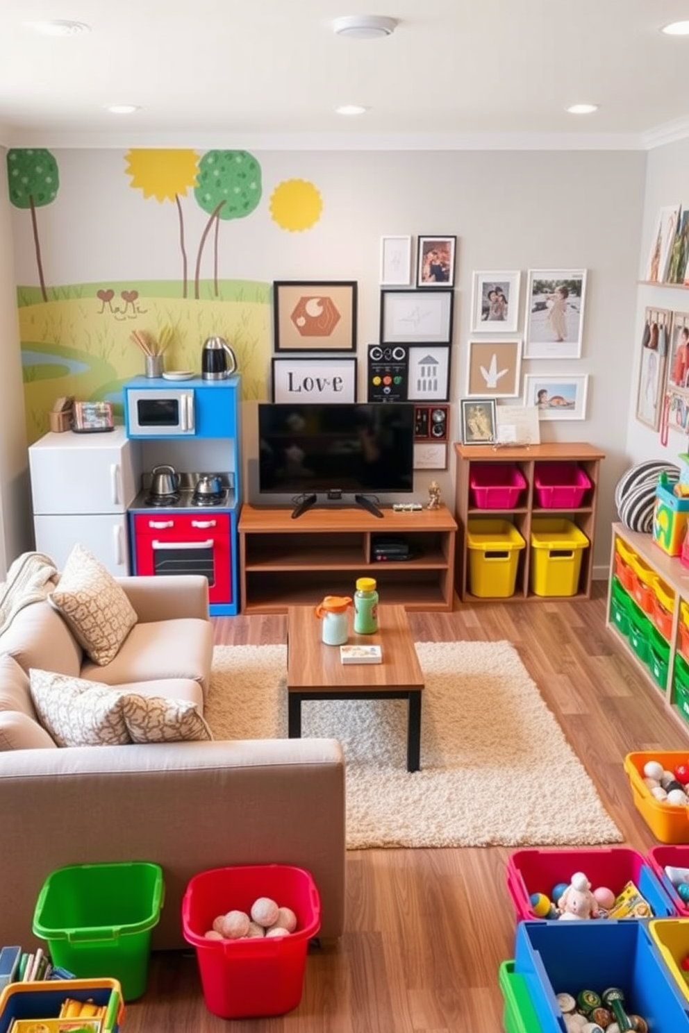 A vibrant play kitchen designed for imaginative cooking games. It features colorful cabinets, a toy stove, and a mini refrigerator, all set against a cheerful wall mural depicting a sunny outdoor scene. The family room is designed to be cozy and inviting. Plush sofas are arranged around a central coffee table, with a large area rug anchoring the space and a playful gallery wall showcasing family photos and kids' artwork. The playroom is filled with stimulating design ideas to inspire creativity. Brightly colored storage bins are organized along the walls, and a variety of interactive play zones encourage exploration and fun.