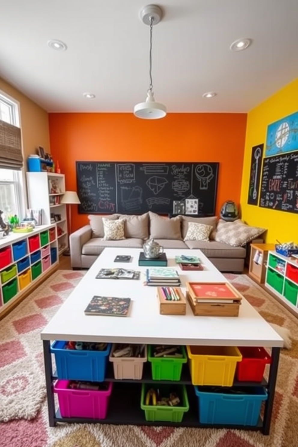 Craft corner with organized supplies. A spacious table is the centerpiece, surrounded by colorful storage bins filled with art supplies and tools. Family room with a cozy atmosphere. A large sectional sofa is adorned with plush cushions, and a coffee table sits in the center, topped with books and decorative items. Playroom design ideas that inspire creativity. Brightly colored walls feature chalkboard paint, and various activity zones are defined by soft rugs and playful furniture.