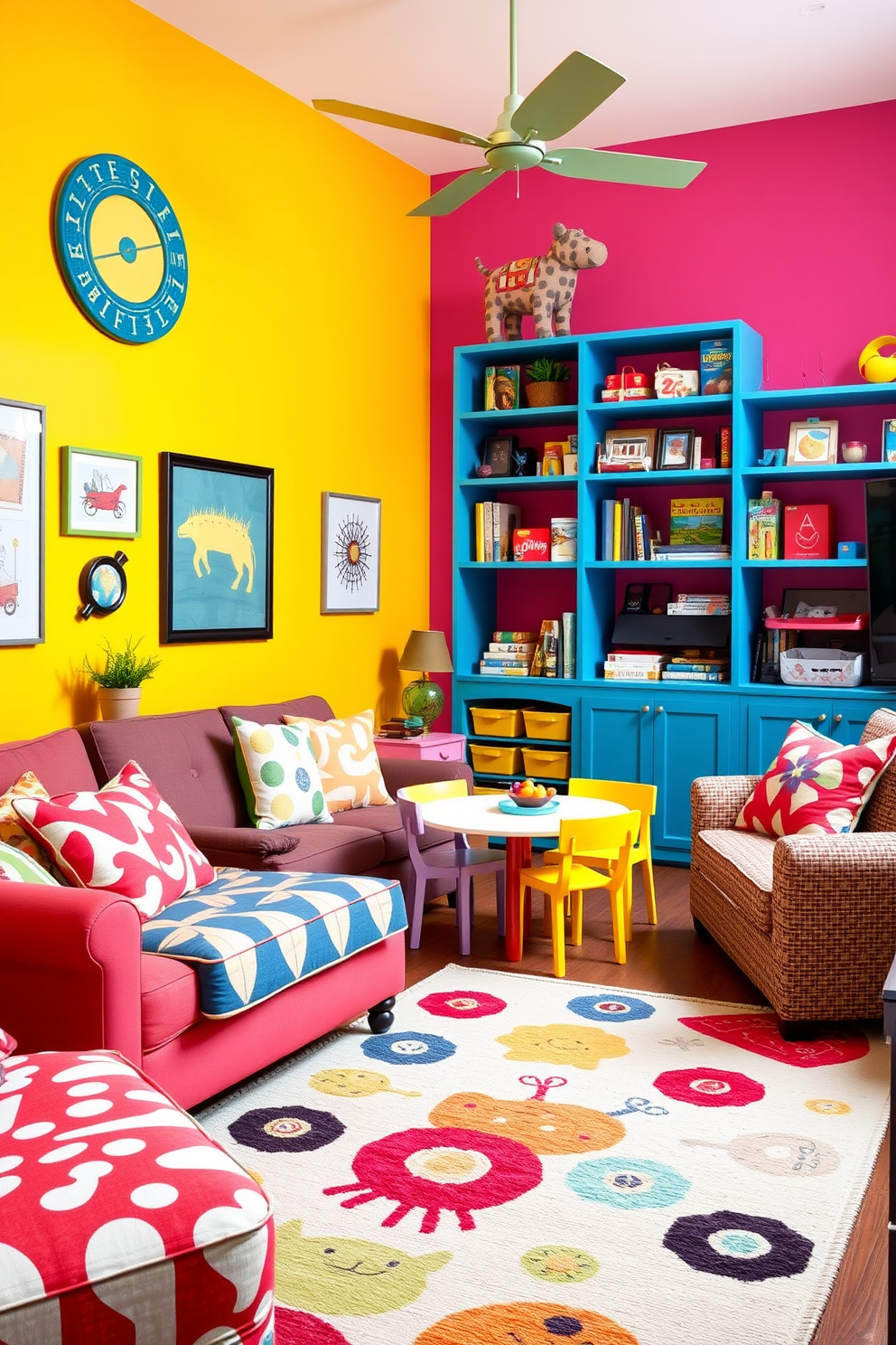 A vibrant family room filled with playful decor elements. The walls are painted in bright colors, and whimsical artwork adorns the space. Soft seating options in bold patterns invite relaxation and fun. A large area rug with a colorful design anchors the room, while playful cushions add comfort and style. In one corner, a dedicated play area features a small table and chairs for arts and crafts. Shelves filled with toys and games are easily accessible, encouraging creativity and playfulness.