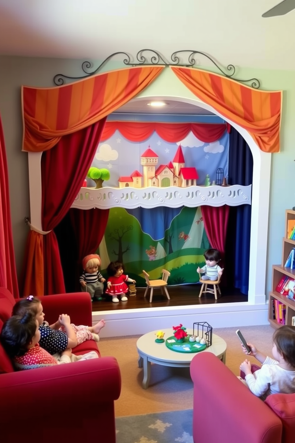 A whimsical puppet theater designed for storytelling adventures. The stage features colorful curtains and a backdrop filled with enchanting scenery to spark imagination. The family room playroom combines comfort and creativity. Cozy seating arrangements are paired with playful decor to create an inviting space for family fun and storytelling.