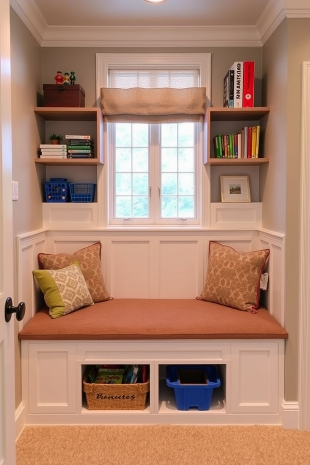 A cozy family room playroom features hidden storage benches seamlessly integrated into the decor. These benches provide ample space to store toys and games while maintaining a clean and organized environment.