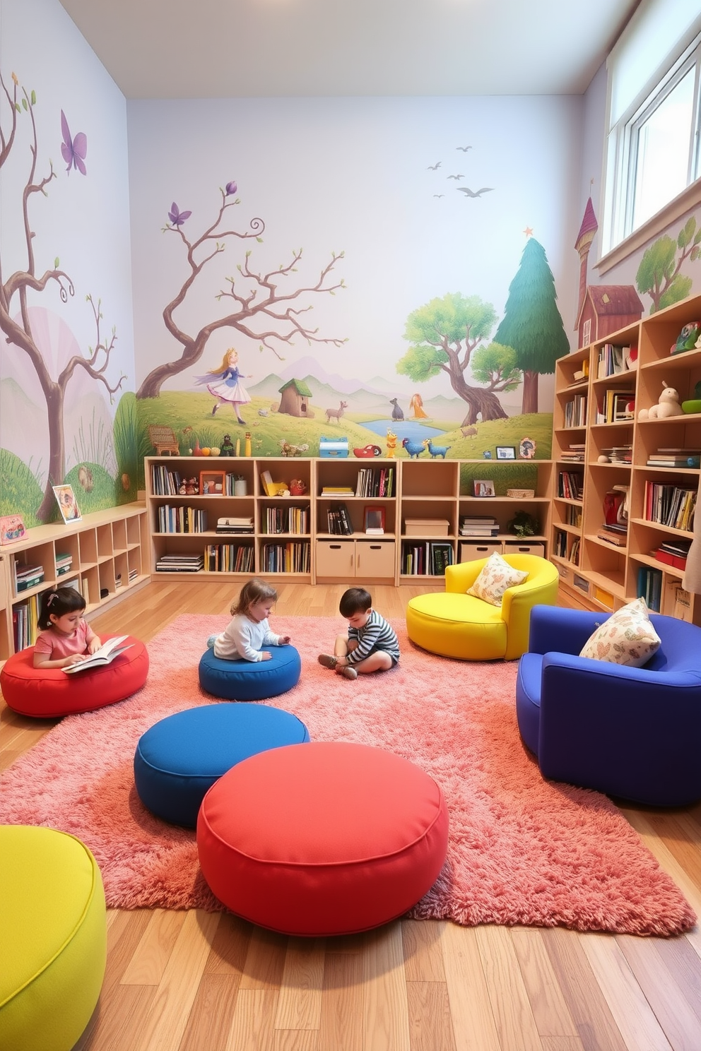 A cozy family room playroom designed for imaginative play features a soft, plush rug in bright colors that invites children to sit and play. Surrounding the rug are low, modular furniture pieces in playful shapes, providing a comfortable space for both relaxation and creativity. The walls are adorned with whimsical murals depicting enchanting scenes from fairy tales, sparking the children's imagination. Shelves filled with books and toys are easily accessible, encouraging exploration and interactive play.