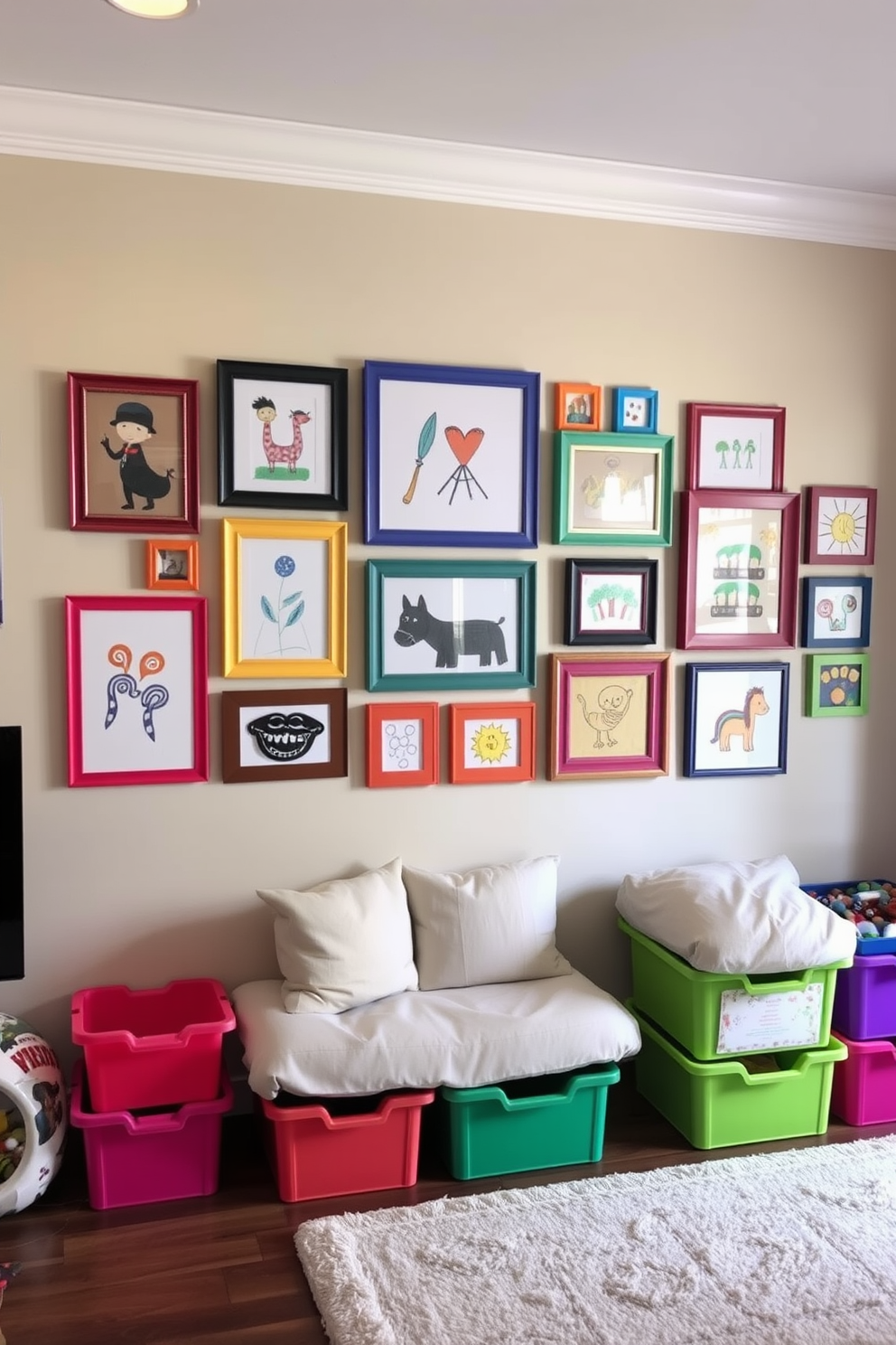 A vibrant gallery wall showcasing children's artwork in a family room. Colorful frames in various sizes are arranged in an eclectic pattern, highlighting the creativity of young artists. The playroom features cozy seating options with plush cushions and a soft area rug. Brightly colored storage bins are neatly organized, providing a fun and functional space for toys and games.