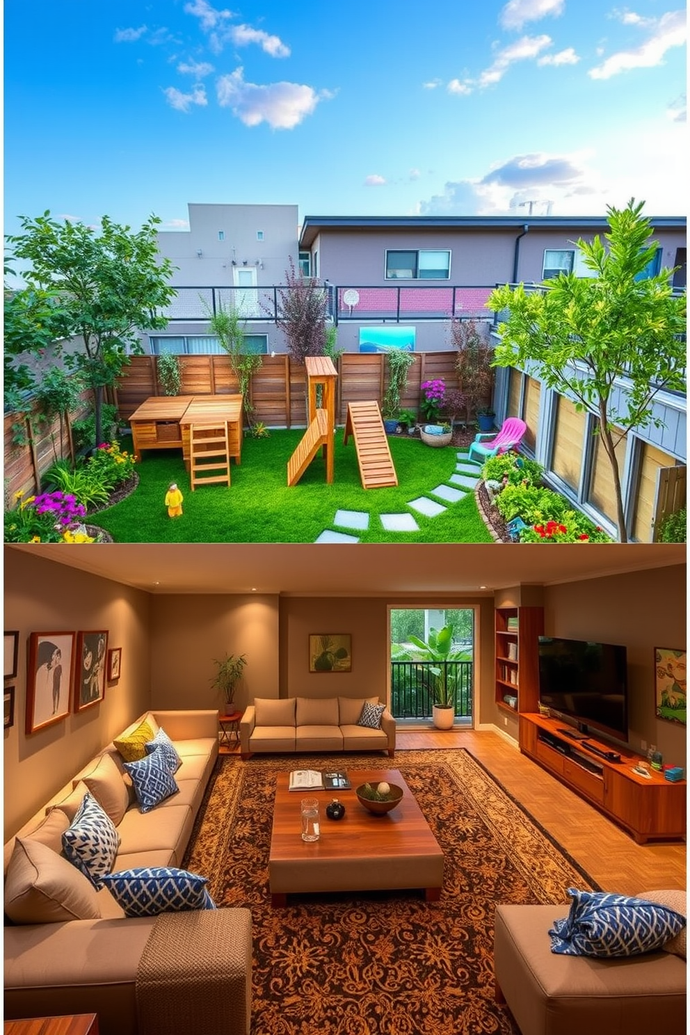 Create an outdoor-inspired play area filled with vibrant greenery and colorful flowers. Include a soft grass surface, wooden play structures, and shaded seating for parents. Design a cozy family room that combines comfort and style with plush seating and warm lighting. Incorporate a large coffee table and a media center for entertainment, creating a welcoming atmosphere for gatherings. Develop a playful playroom that sparks creativity with bright colors and fun decorations. Use modular furniture that can be easily rearranged, along with storage solutions for toys and art supplies.