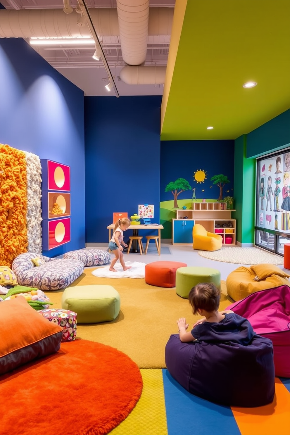 A sensory play zone filled with textured materials invites exploration and creativity. Soft rugs, plush cushions, and interactive wall panels create an engaging environment for children to discover different sensations. The family room playroom features bright colors and playful furniture arrangements. A cozy reading nook with bean bags and a vibrant mural encourages relaxation and imaginative play.