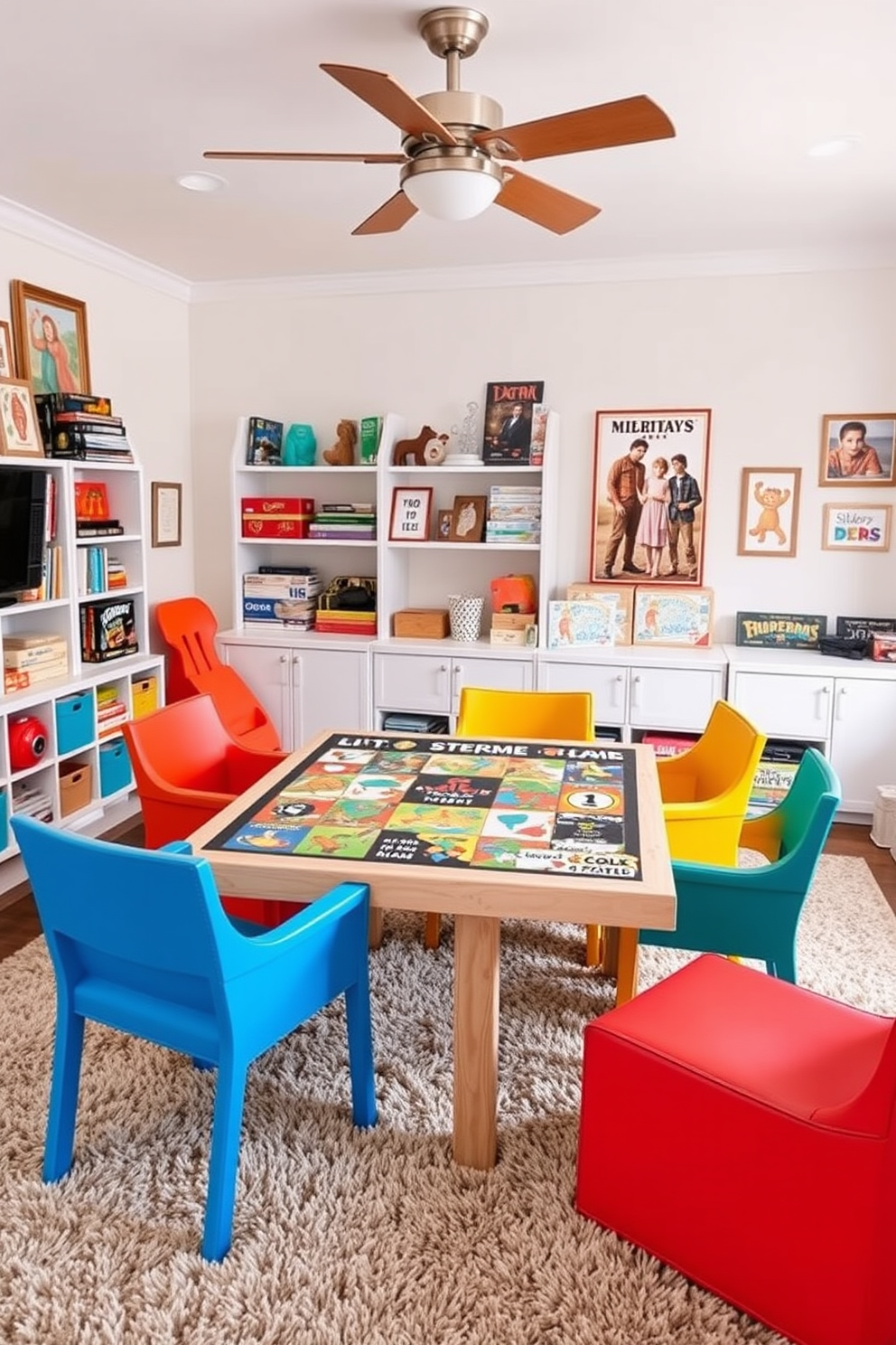 A cozy family room designed for fun with a large puzzle and game table at the center. Surrounding the table are comfortable chairs in bright colors, creating an inviting atmosphere for family gatherings. The walls are adorned with playful artwork and shelves filled with board games and puzzles. Soft, plush rugs cover the floor, adding warmth and comfort to the playroom space.